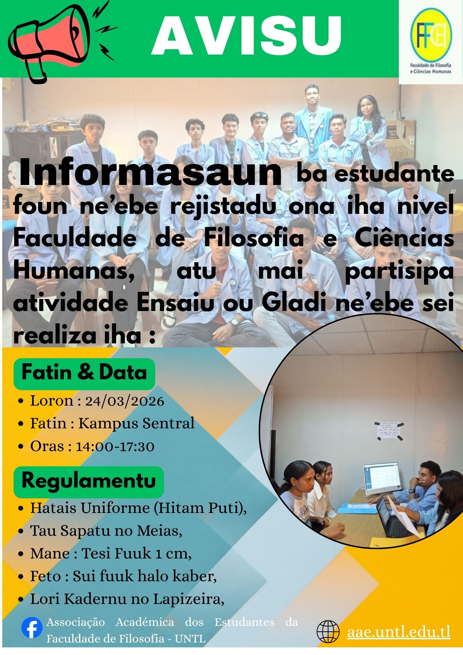 AVIZU: ESTUDANTE FOUN SEI TUIR ATIVIDADE ENSAIU/GLADI ANTES SIMU ORIENTASAUN AKADÉMIKA 2026-KOMISAUN ORGANIZADORA REALIZA ENKONTRU ORGANIZATIVU