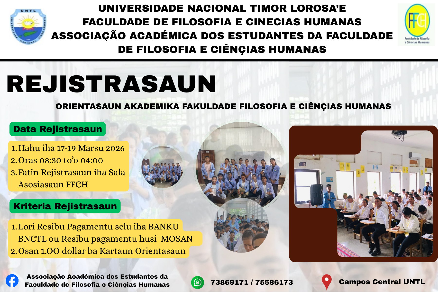AVIZU: REJISRTRASAUN BA PRASE ORIENTASAUN AKADÉMIKA 2026 BA ESTUDANTE ADMITIDU SIRA DA FACULDADE DE FILOSOFIA E CIÊNCIAS HUMANAS